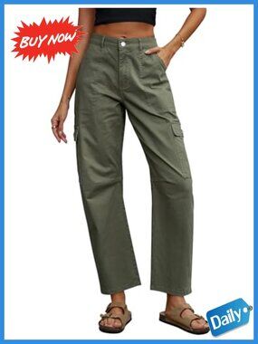 High Waisted Barrel Jeans Cargo Ankle Pants Wide Leg Utility Denim Trousers
